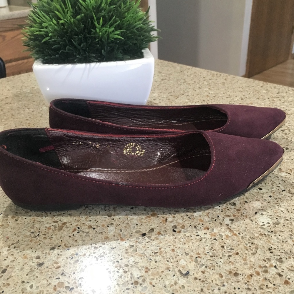 Burgundy Pointed Flats with gold detail
